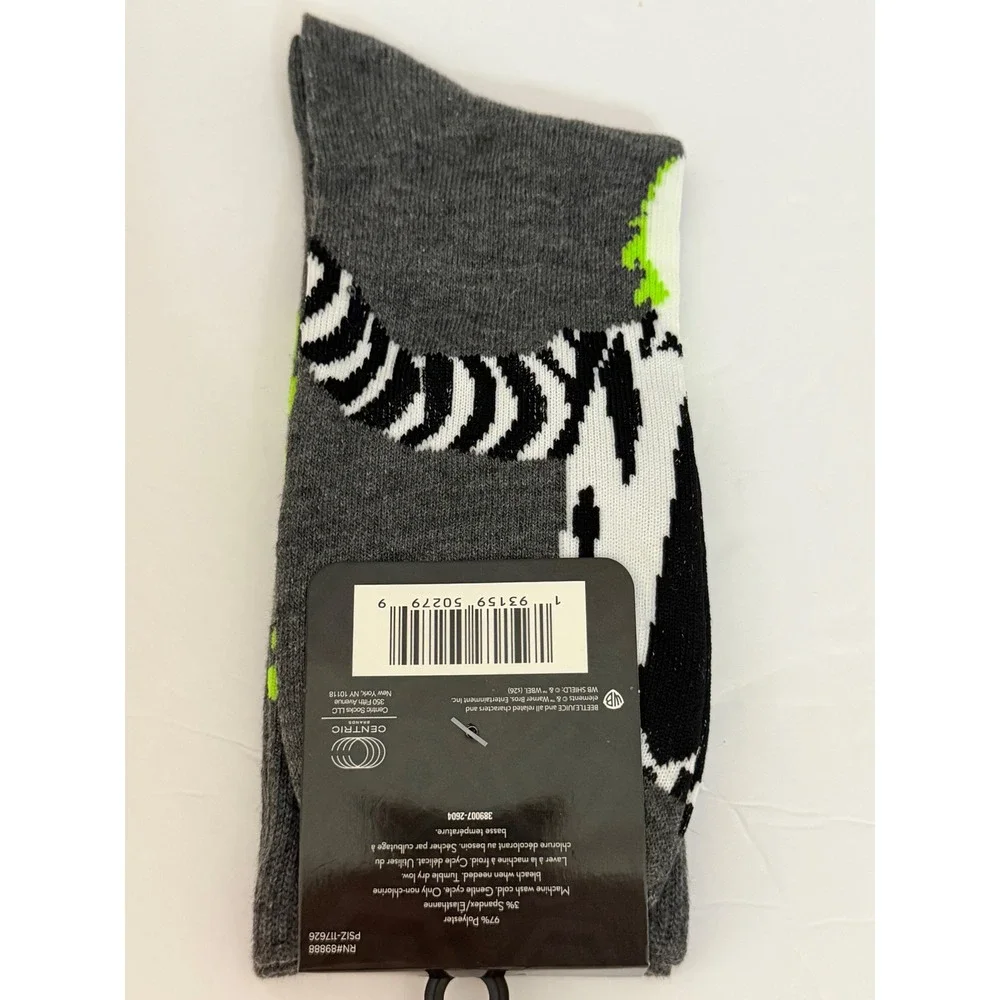 Beetlejuice Mens Crew Socks Gray Neon Green Sandworm Warner Bros Shoe Size 6-12